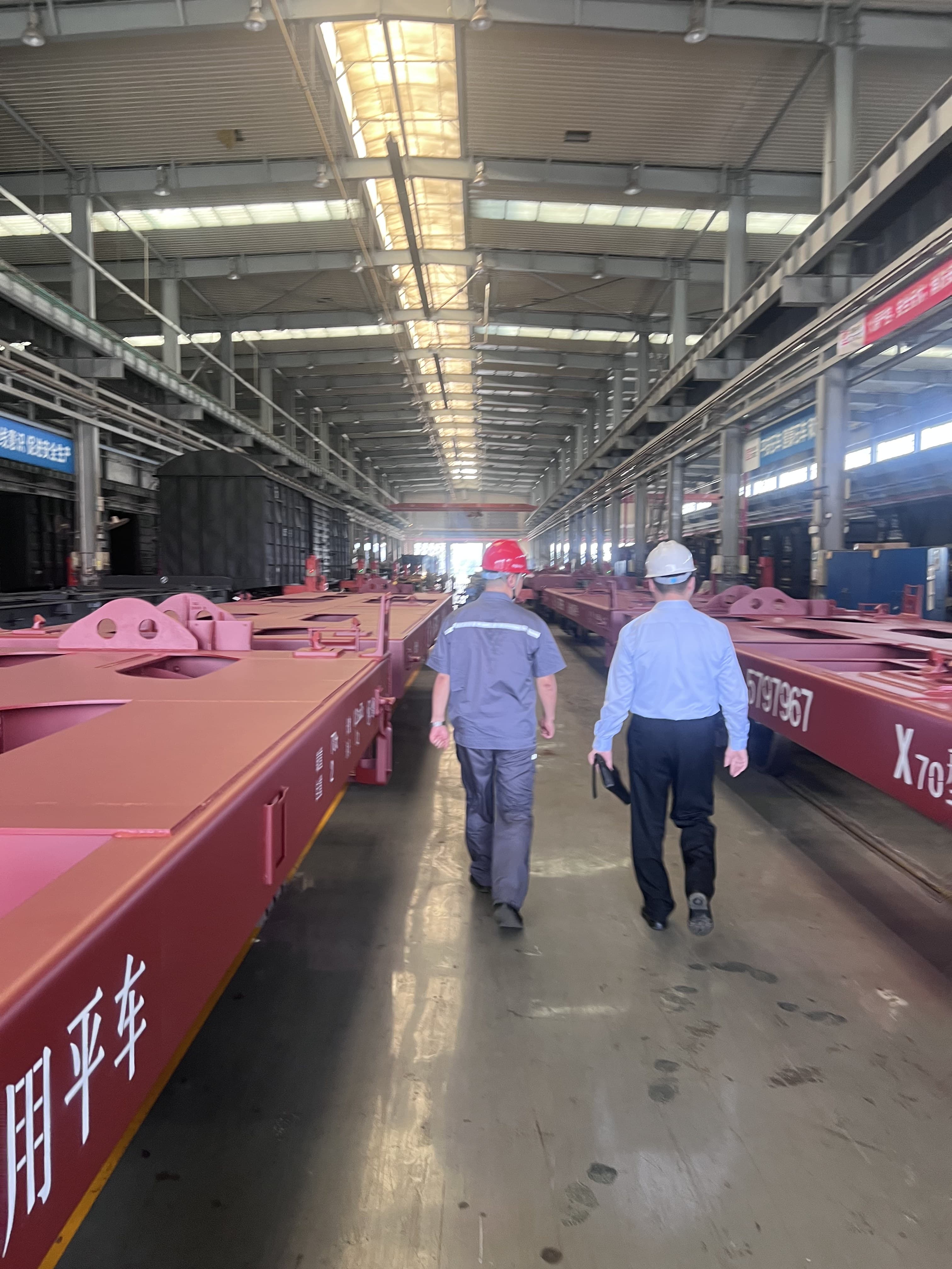 Railway flat-wagon frames on a factory production line